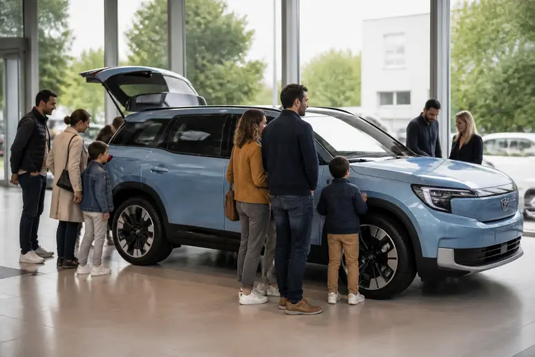 Familles françaises découvrant un nouveau Ford Explorer dans une concession près de Paris.