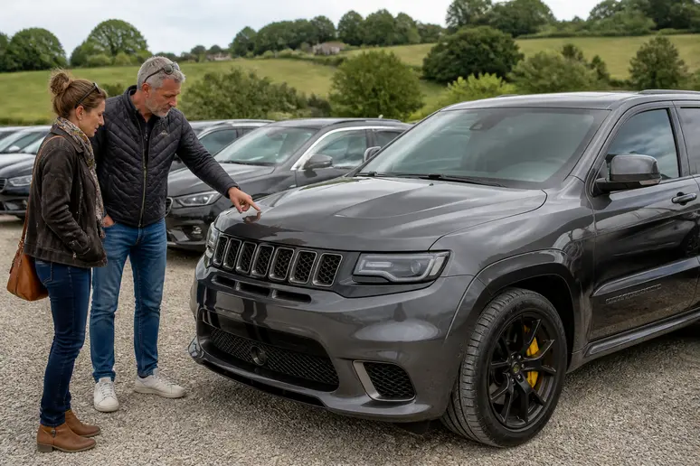 Couple français examinant un Jeep Grand Cherokee Trackhawk d'occasion dans un parc automobile rural.