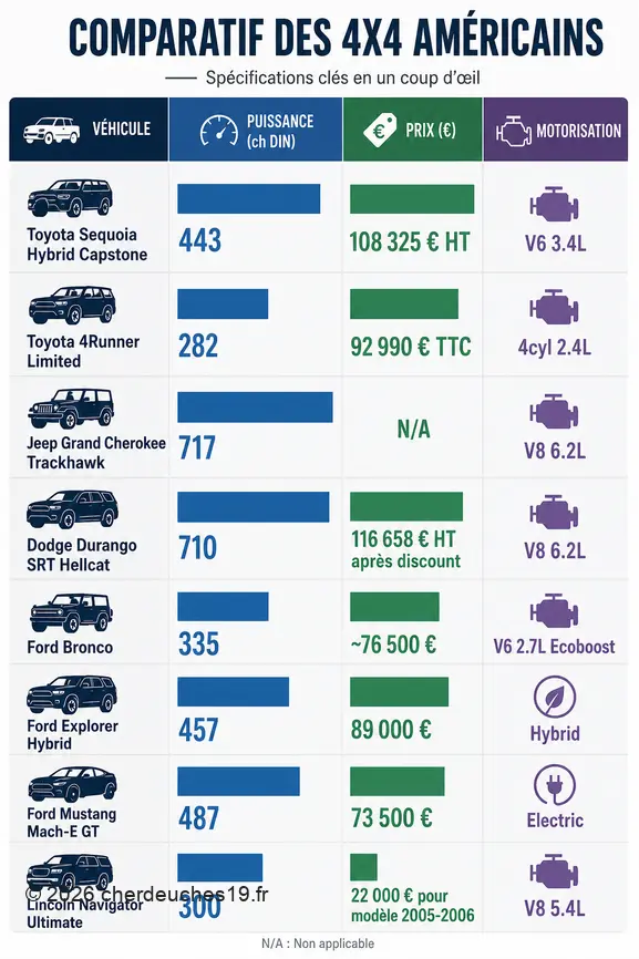 Comparaison graphique des 4x4 américains, mettant en évidence leur puissance, leur prix et leur type de motorisation.