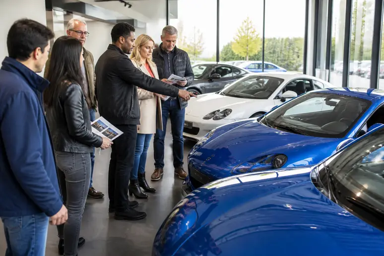 Plusieurs passionnés automobiles examinent attentivement diverses versions d'Alpine A110 dans une concession.