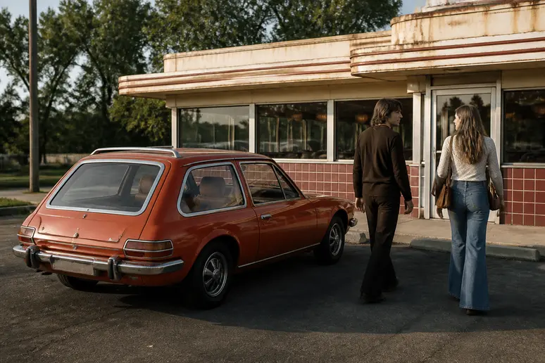 Une AMC Pacer Wagon rouge des années 70 devant un diner, un couple s'éloignant vers l'entrée.