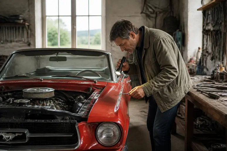Un homme examine le moteur d'une Ford Mustang décapotable rouge dans un garage de campagne français, éclairé par la lumière naturelle.