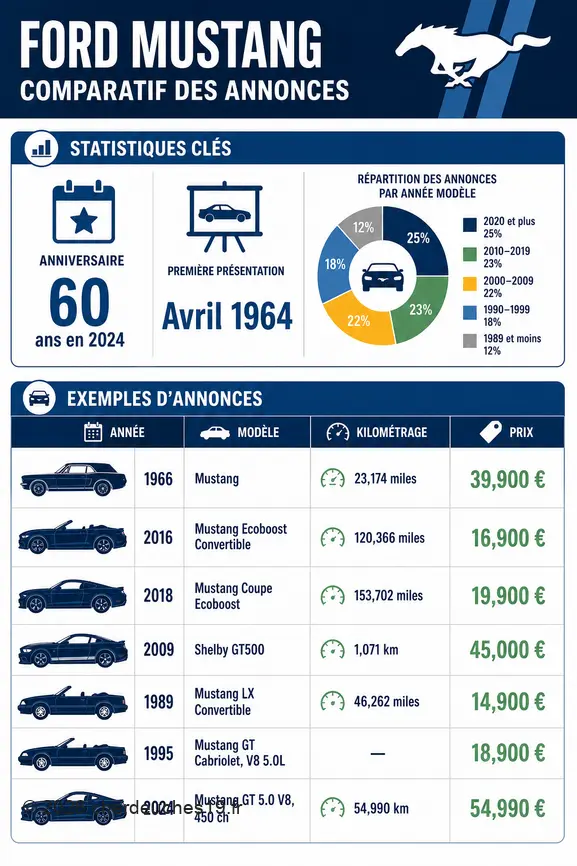 Comparaison d'annonces de Ford Mustang, mettant en avant l'anniversaire du modèle et des exemples de prix, années et kilométrages.
