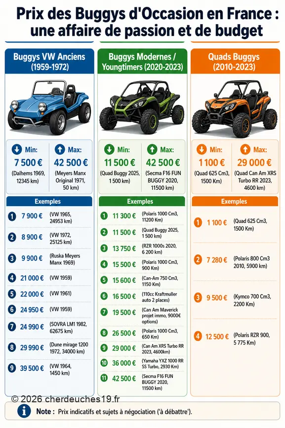 Comparaison des prix des buggys d'occasion en France, classés par type et année, de 1 100 € à 42 500 €.