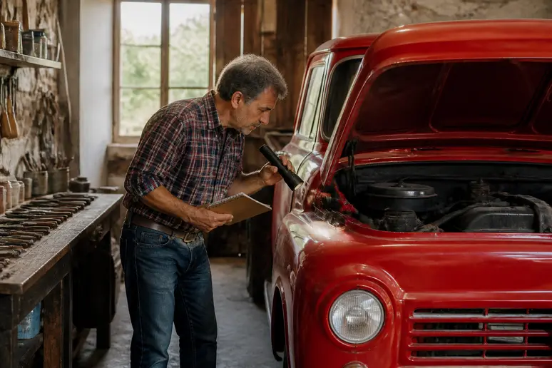 Un homme âgé examine le moteur d'un Chevrolet Pick-up rouge vintage dans un garage français, avec un carnet à la main.