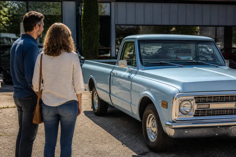 Un couple examine un Chevrolet C10 bleu clair dans une concession de véhicules de collection en France par beau temps.