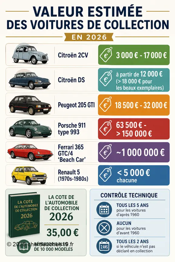Comparaison des cotes estimées de voitures de collection en 2026, allant de la Renault 5 à la Ferrari 365 GTC/4.