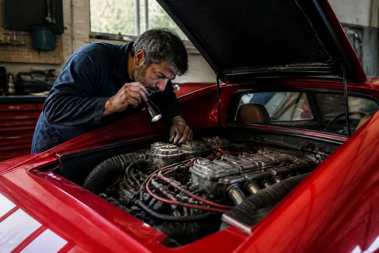 Un mécanicien expérimenté examine le moteur V8 d'une Ferrari Dino GT4 dans un garage ensoleillé en Italie.