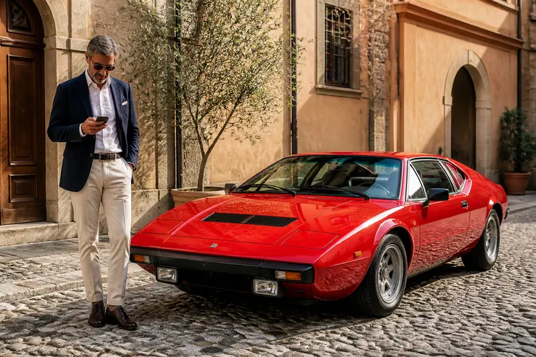 Un collectionneur italien examine son smartphone à côté d'une Ferrari Dino GT4 garée dans une rue pavée pittoresque.