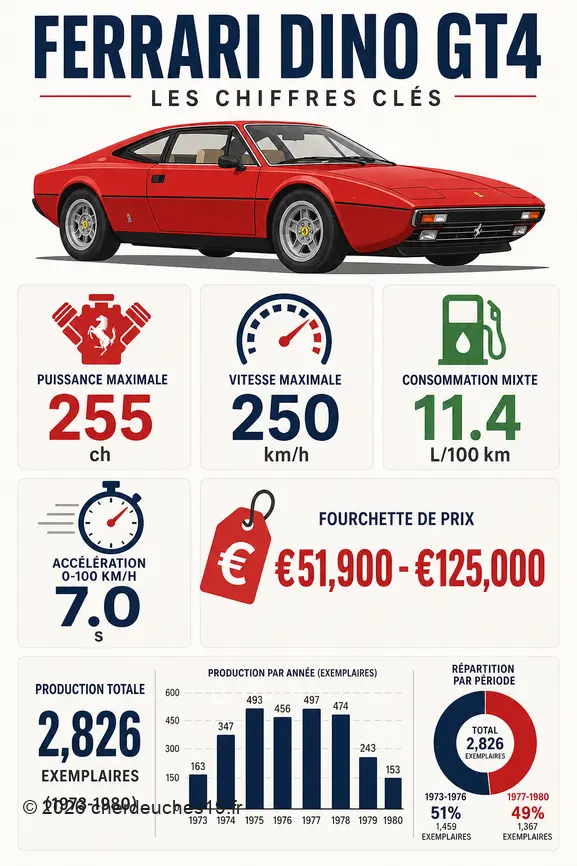 Infographie des chiffres clés de la Ferrari Dino GT4 d'occasion : production, performances, consommation et prix.