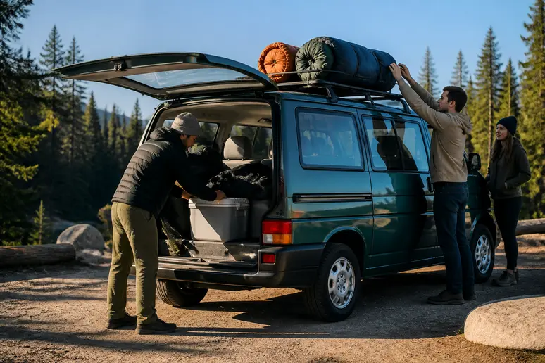 Un groupe d'amis charge du matériel de camping dans un Volkswagen Eurovan T4 bien entretenu dans un camping naturel, sous le soleil de fin d'après-midi.