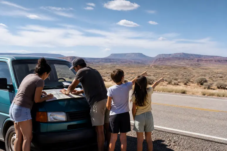 Une famille parcourt des cartes sur le capot d'un Volkswagen Eurovan T4 le long d'une route panoramique dans le Sud-Ouest américain.