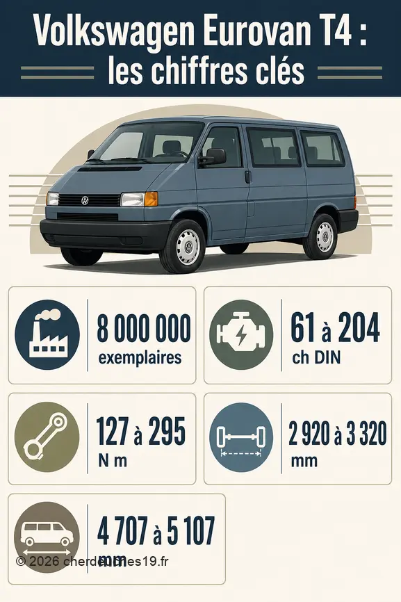 Infographie présentant les chiffres clés du Volkswagen Eurovan T4 : production, puissance, couple, dimensions et empattement.