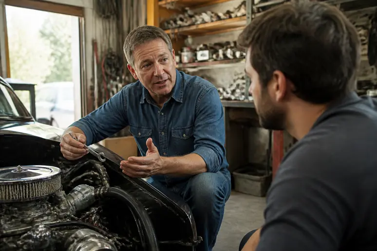 François Allain working on a classic car engine in a workshop, demonstrating his expertise.