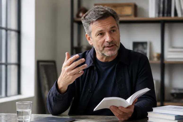 François Allain, author and publisher, discussing a book in a studio setting.