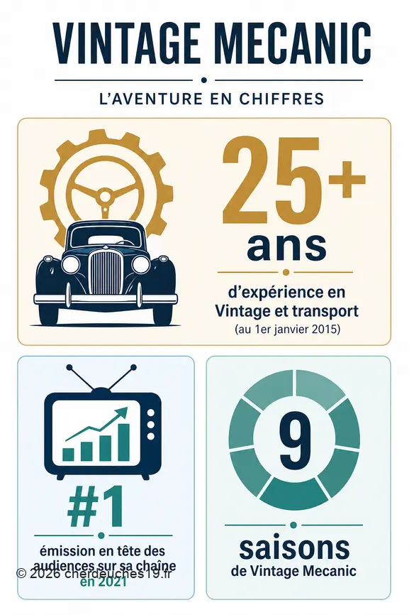 Infographie présentant les 25 ans d'expérience, le succès de Vintage Mecanic et ses 9 saisons.