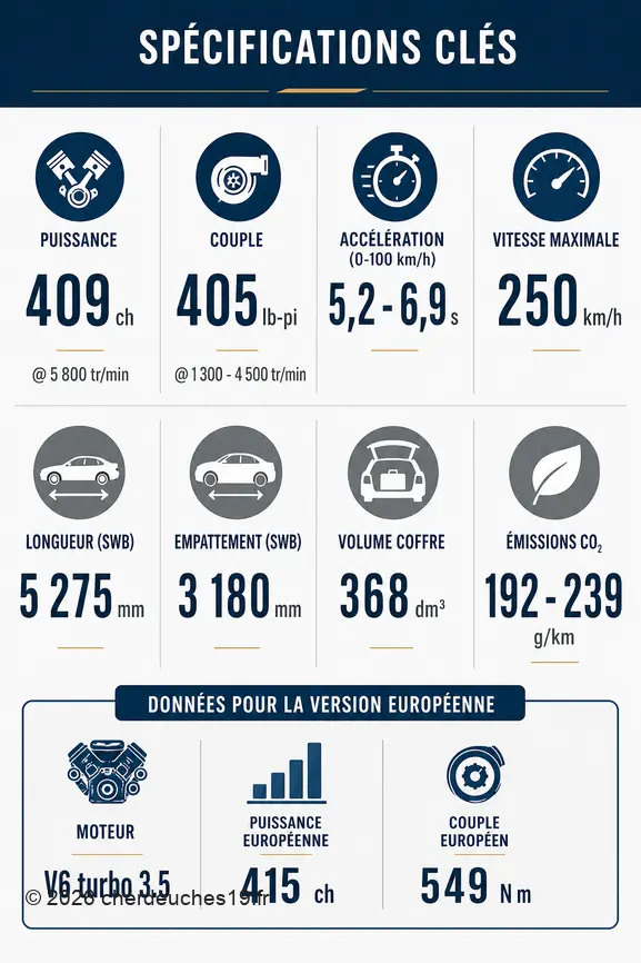 Infographie présentant les chiffres clés de la Genesis G90 2026, incluant puissance, couple, dimensions et performances.
