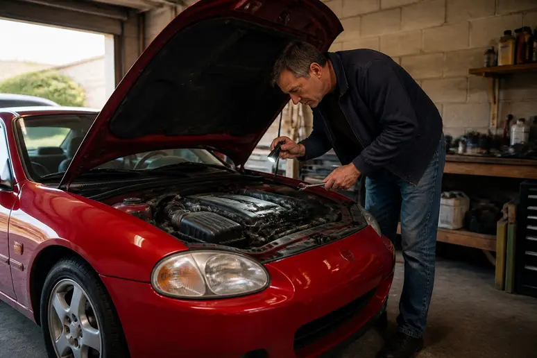 Un mécanicien français examine attentivement le moteur d'une Honda CR-X del Sol rouge dans un garage bien éclairé.