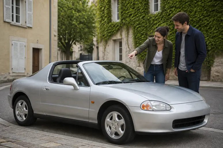 Un couple de jeunes adultes français admire une Honda CR-X del Sol argentée stationnée dans une rue de ville pittoresque.