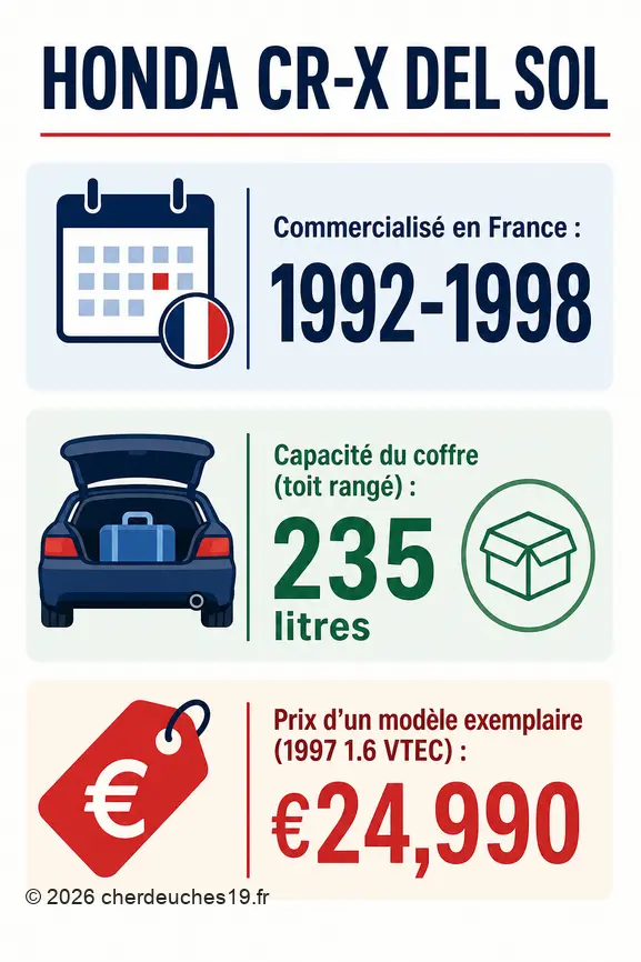 Honda CR-X del Sol : dates de commercialisation, capacité du coffre et prix d'un modèle exemple.