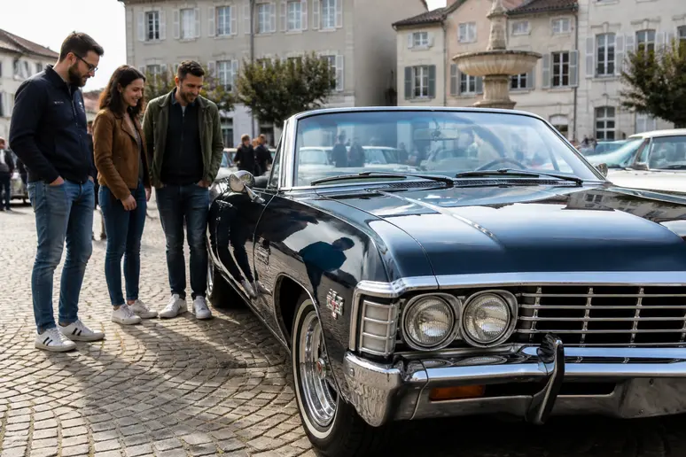 Des passionnés de voitures françaises discutent devant une Chevrolet Impala 1967 cabriolet lors d'un salon automobile.
