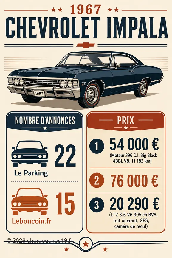 Comparaison du budget pour une Chevrolet Impala 1967 : nombre d'annonces et fourchettes de prix.