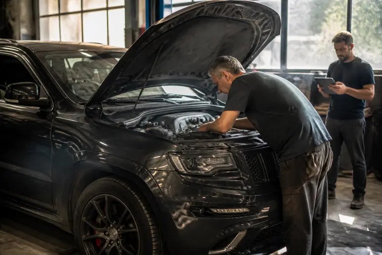 Un homme examine méticuleusement le moteur d'une Jeep Grand Cherokee SRT8 d'occasion dans un garage professionnel, soulignant l'importance de la maintenance.