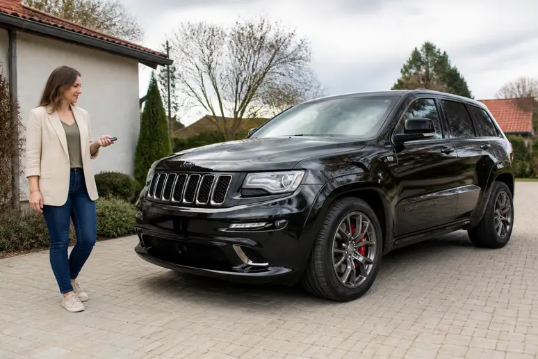 Une femme évalue le prix d'une Jeep Grand Cherokee SRT8 d'occasion, reflétant la valeur sur le marché français des véhicules sportifs.