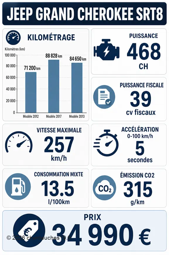 Infographie présentant le kilométrage, la puissance, la vitesse, l'accélération, la consommation et le prix du Jeep Grand Cherokee SRT8.