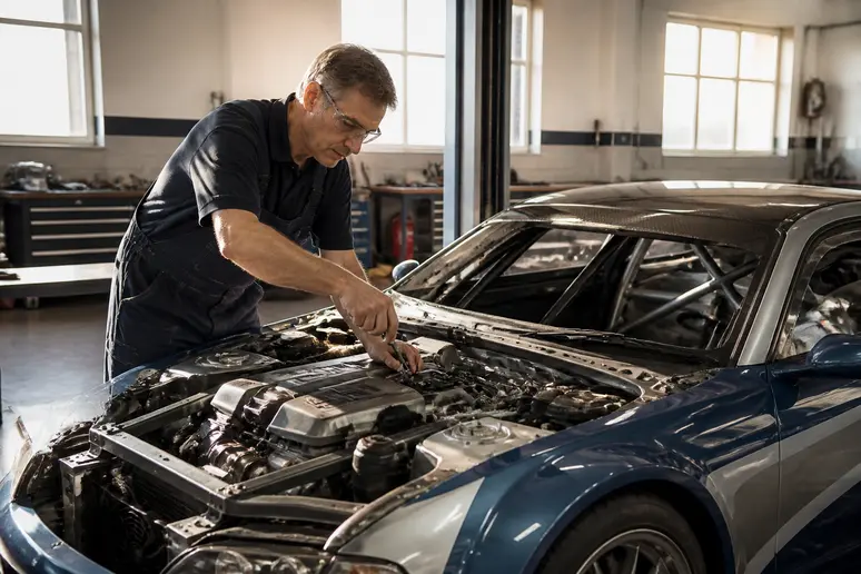 Un mécanicien allemand examine méticuleusement le moteur V8 d'une BMW M3 GTR E46 dans un atelier spécialisé, lumière naturelle.
