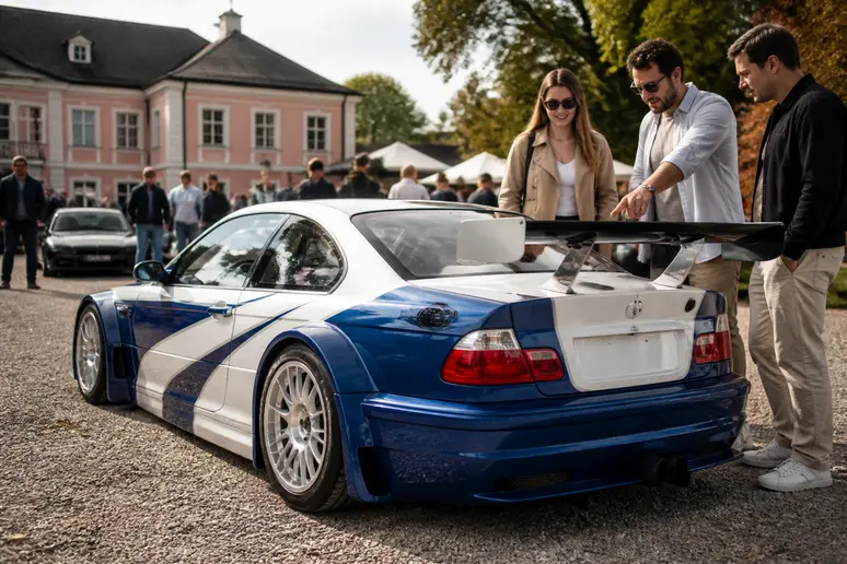 Trois passionnés allemands admirant une rare BMW M3 GTR E46 lors d'un rassemblement automobile, sous un ciel d'été.
