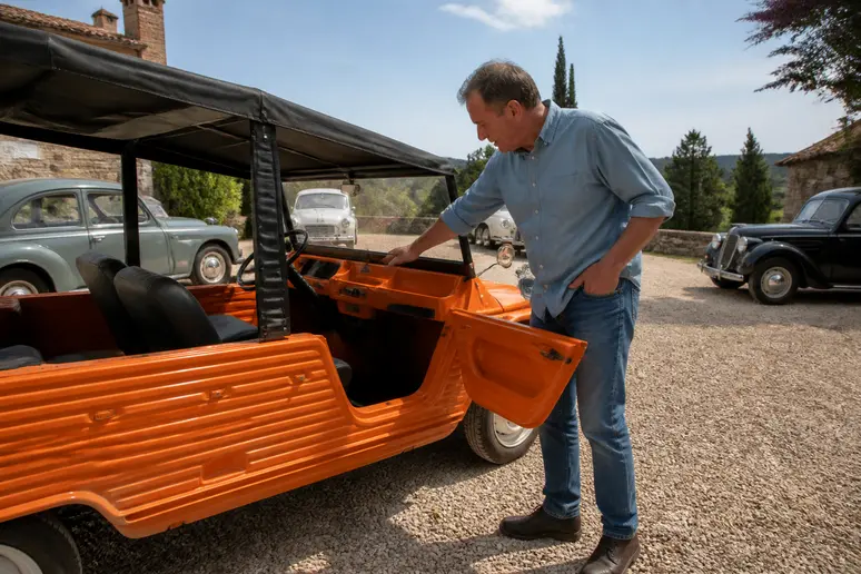Un homme examine l'intérieur d'une Citroën Méhari orange dans un village français, devant d'autres voitures anciennes.