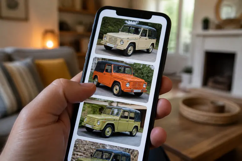 Un écran de smartphone affiche des annonces de Citroën Méhari d'occasion sur un site de vente, dans un cadre intérieur.
