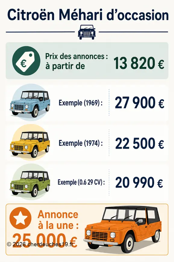 Infographie montrant la fourchette de prix des Citroën Méhari d'occasion, avec des exemples de prix par année et par modèle.