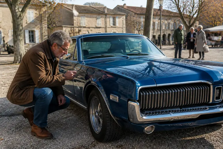 Un homme examine attentivement une Mercury Cougar XR-7 classique bleue dans un village français, sous un doux soleil de campagne.