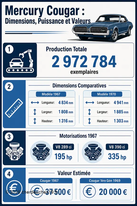 Infographie comparant la production, dimensions, motorisations et valeurs de la Mercury Cougar.