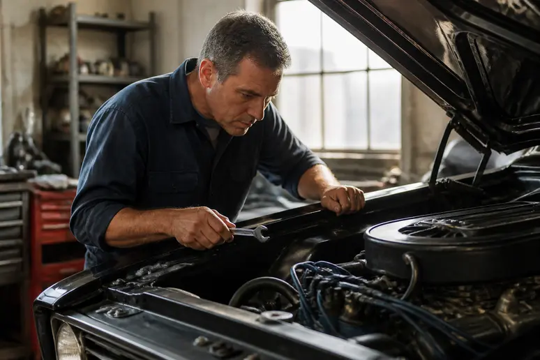 Mécanicien expérimenté inspectant le moteur surdimensionné d'une Ford Mustang Boss 429 dans un atelier typique.