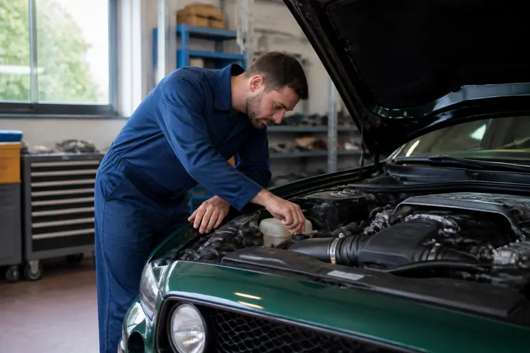 Un mécanicien français examine méticuleusement le moteur d'une Ford Mustang Bullitt dans un atelier lumineux.