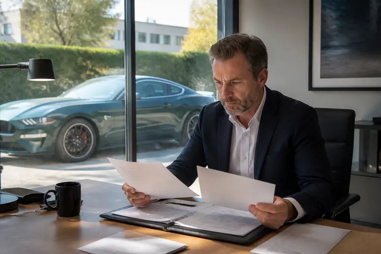 Un homme d'affaires français étudie des documents de financement pour une Ford Mustang Bullitt dans son bureau.