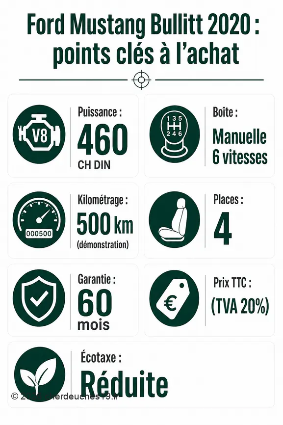 Infographie présentant les caractéristiques clés de la Ford Mustang Bullitt V8 5.0L BVM6 2020 pour l'achat.