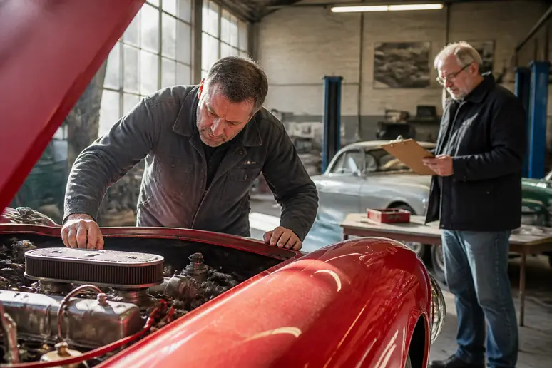 Un mécanicien expérimenté examine le moteur d'une voiture de sport classique dans un atelier français.