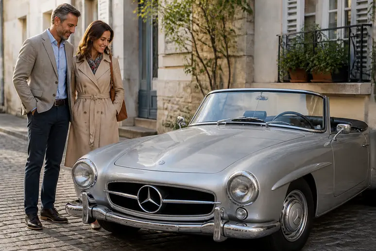 Un couple français admire une élégante Mercedes-Benz cabriolet argentée garée dans une rue pavée.