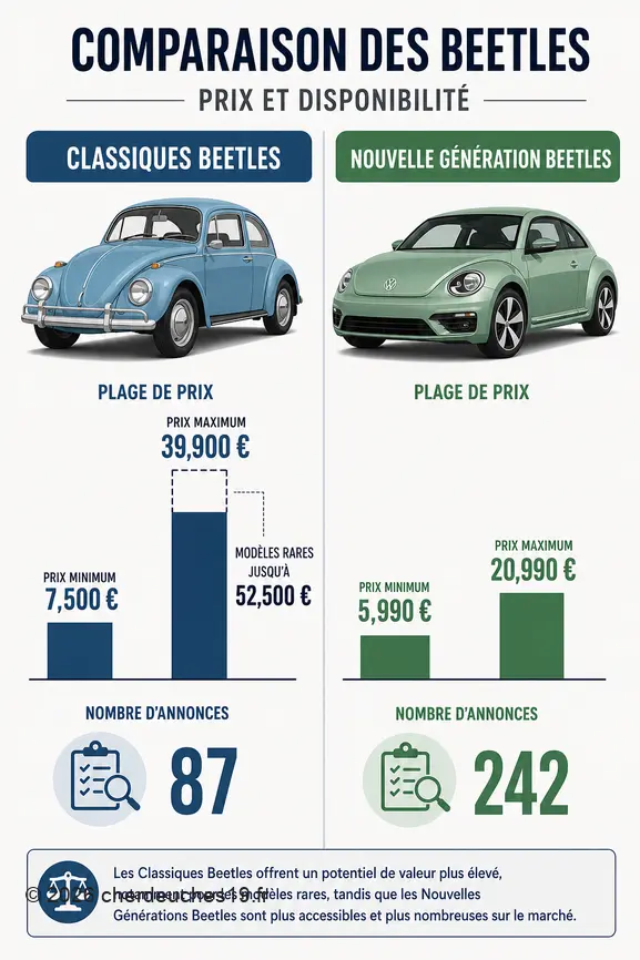 Comparaison des budgets pour Volkswagen Coccinelle d'occasion, anciennes et récentes, avec leurs prix et nombre d'annonces.