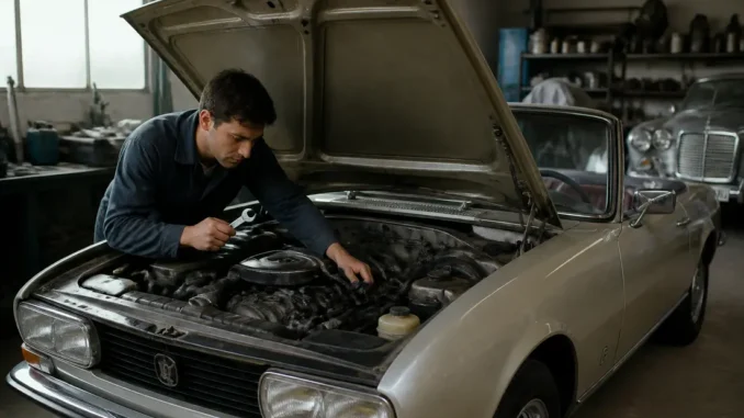Un mécanicien inspecte le compartiment moteur d'une 504 cabriolet occasion dans un atelier de restauration automobile.