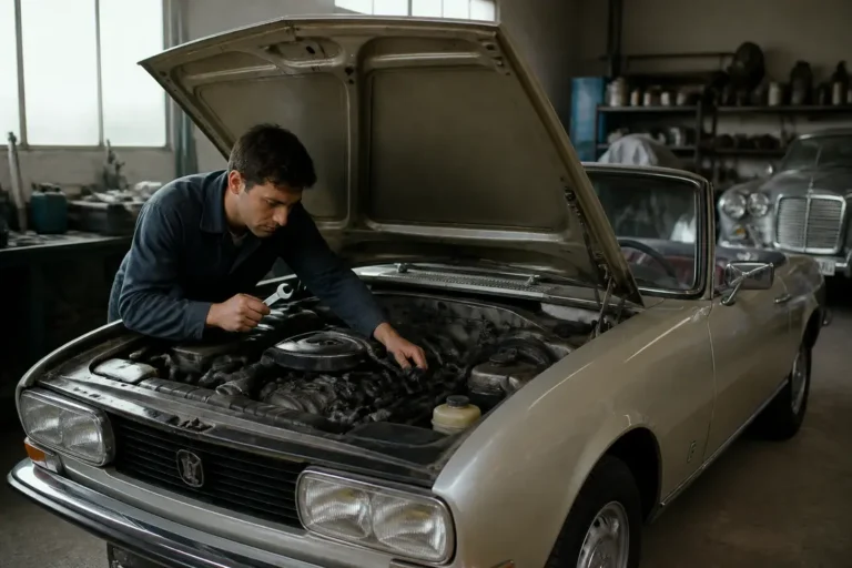 Un mécanicien inspecte le compartiment moteur d'une 504 cabriolet occasion dans un atelier de restauration automobile.