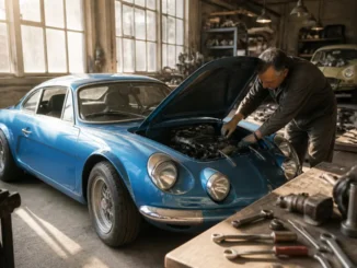 Un mécanicien inspecte le compartiment moteur d'une alpine a110 collection dans un atelier lumineux.