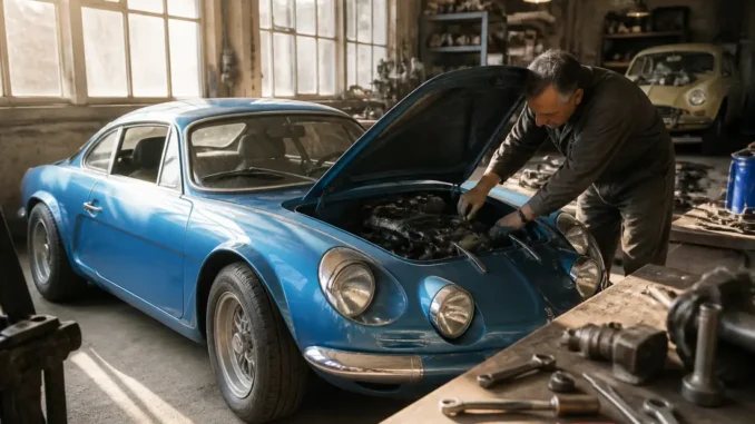 Un mécanicien inspecte le compartiment moteur d'une alpine a110 collection dans un atelier lumineux.
