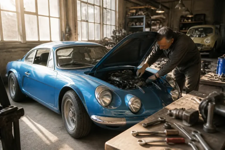Un mécanicien inspecte le compartiment moteur d'une alpine a110 collection dans un atelier lumineux.