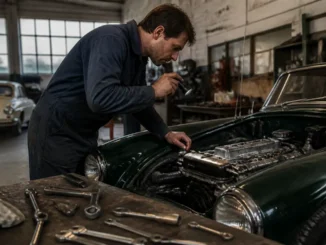 Un mécanicien inspecte le compartiment moteur d'une aston martin vintage dans un atelier de restauration