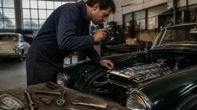 Un mécanicien inspecte le compartiment moteur d'une aston martin vintage dans un atelier de restauration
